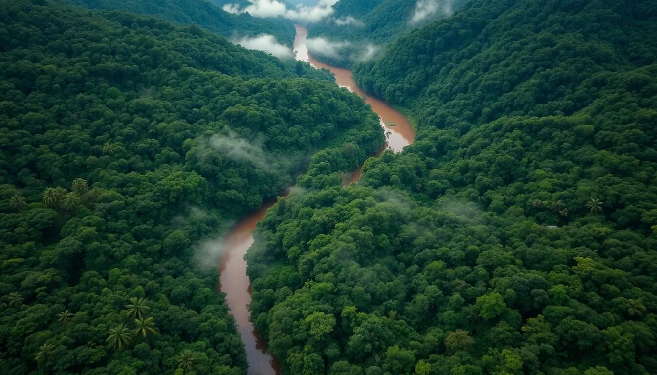 Aerial view of Kutai National Park rainforest and river systems in East Kalimantan, Indonesia