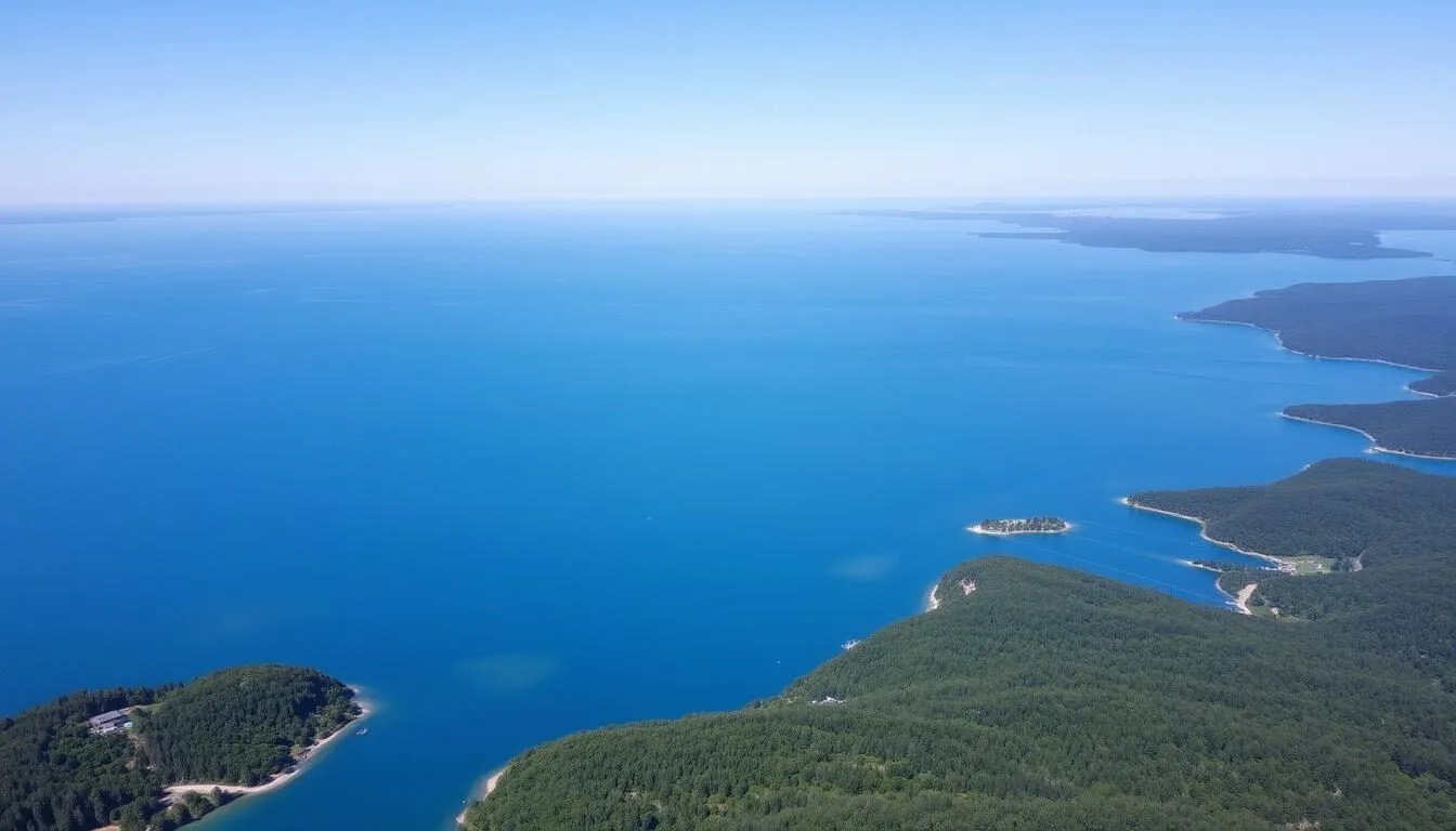 Aerial-view-of-Kuybyshev-Reservoir-with-its-vast-blue-waters-stretching-to-the-horizon Aerial view of Kuybyshev Reservoir with its vast blue waters stretching to the horizon, surrounded by forested shores and small islands