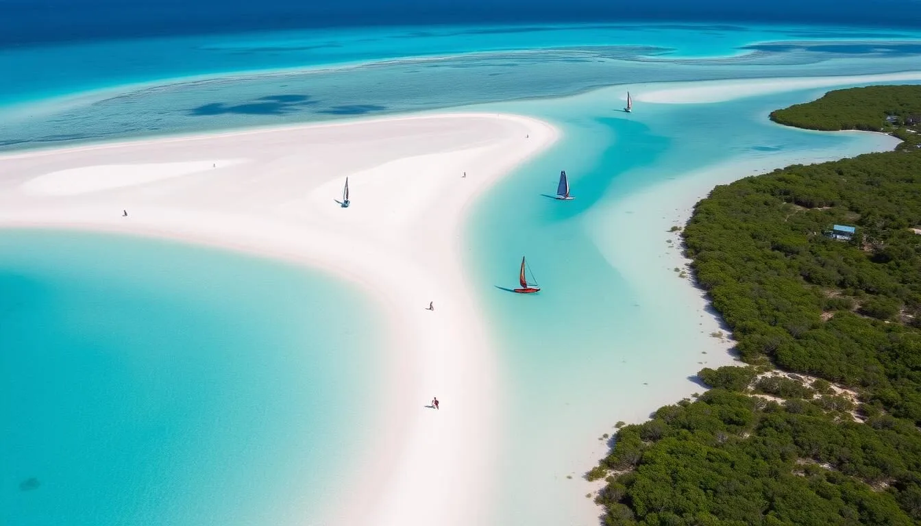Aerial view of Lac Bay Bonaire showing turquoise waters, white sandy beaches, and mangrove forests