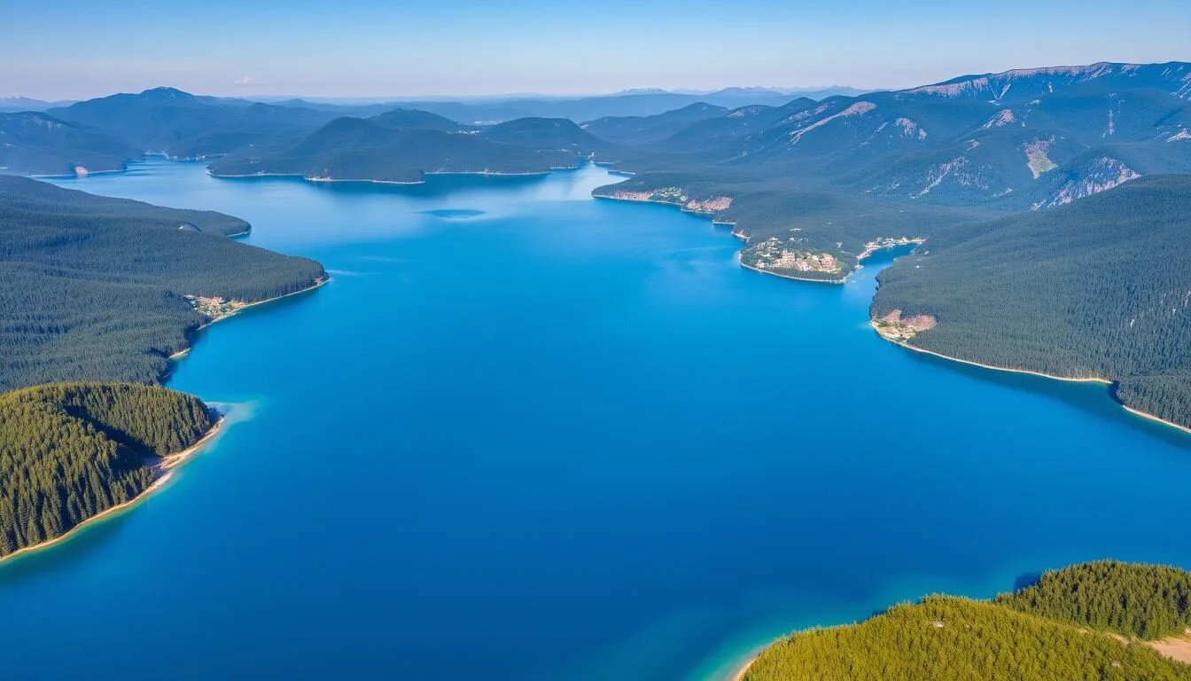 Aerial-view-of-Lake-Altai-Teletskoye-with-mountains-in-the-background-and-small-villages Aerial view of Lake Altai (Teletskoye) with mountains in the background and small villages along the shore