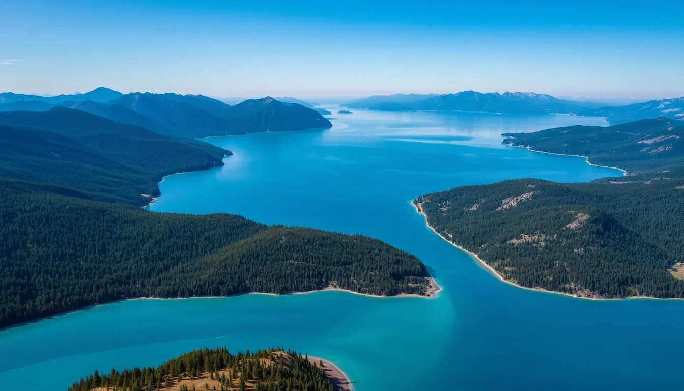 Aerial-view-of-Lake-Baikal-with-mountains-in-the-background-and-clear-blue-water Aerial view of Lake Baikal with mountains in the background and clear blue water