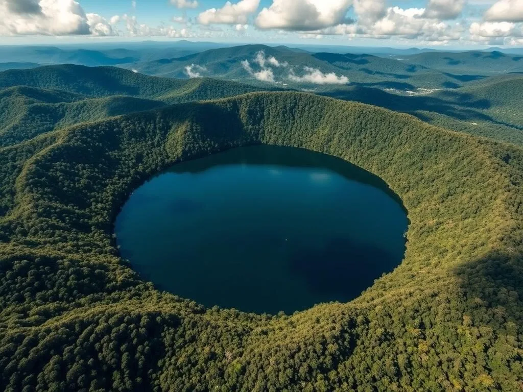 Aerial view of Lake Barrine, a crater lake near Curtain Fig National Park in Queensland