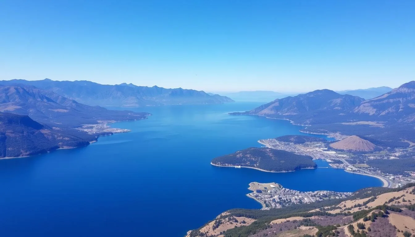 Aerial view of Lake Chelan with mountains in the background and the town visible along the shoreline on a sunny day