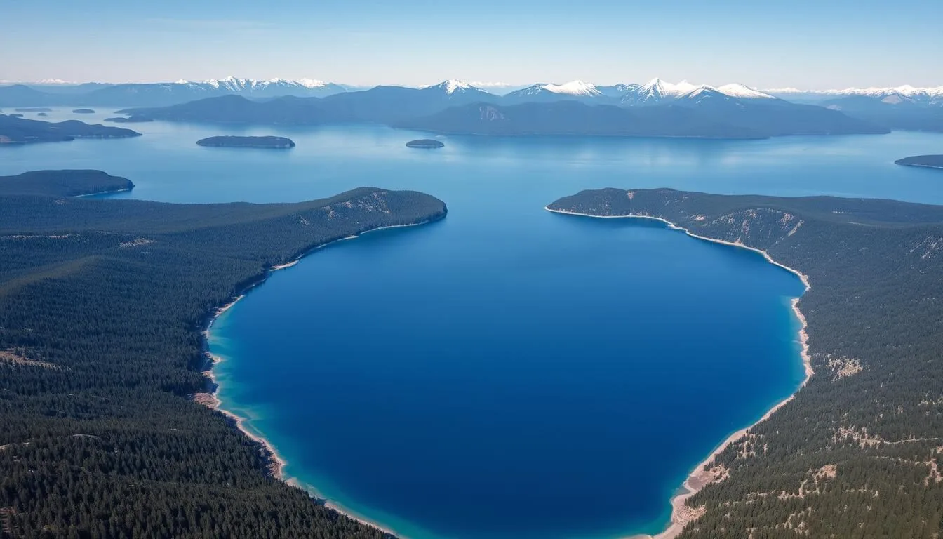 Aerial-view-of-Lake-Donjon-Russia-showing-its-vast-crescent-shaped-expanse-surrounded-by Aerial view of Lake Donjon, Russia showing its vast crescent-shaped expanse surrounded by mountains
