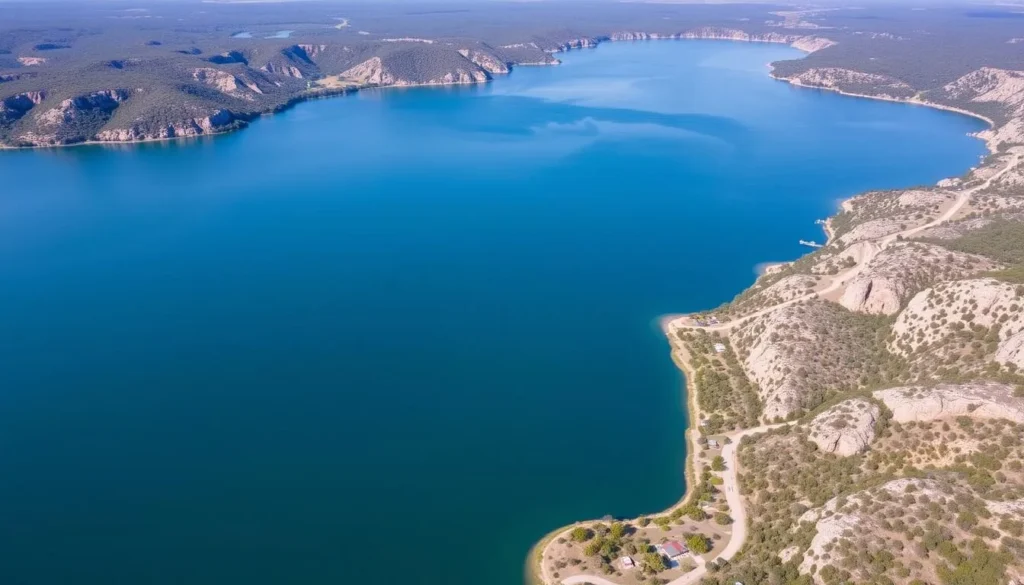 Aerial view of Lake Georgetown with surrounding Hill Country landscape