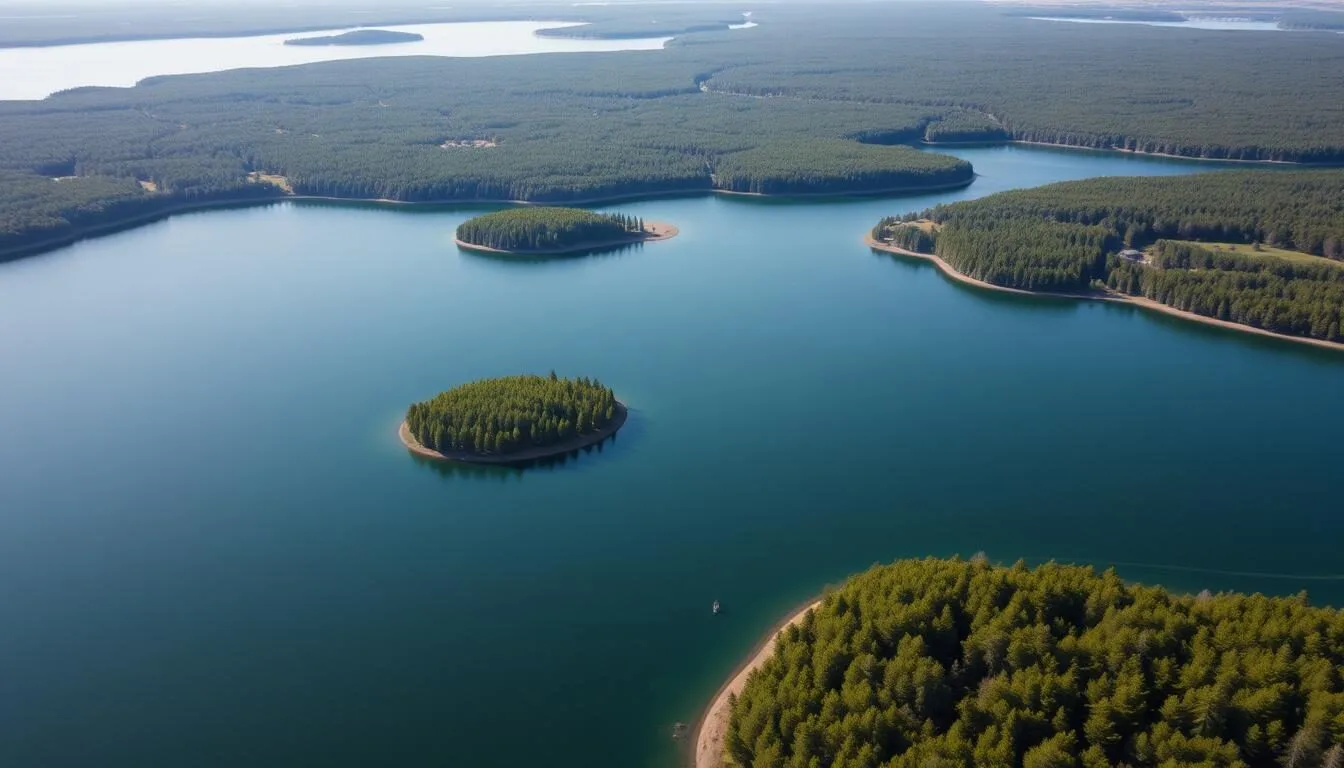 Aerial-view-of-Lake-Gorky-Russia-showing-the-vast-reservoir-with-small-islands-and-surrounding Aerial view of Lake Gorky, Russia showing the vast reservoir with small islands and surrounding forests