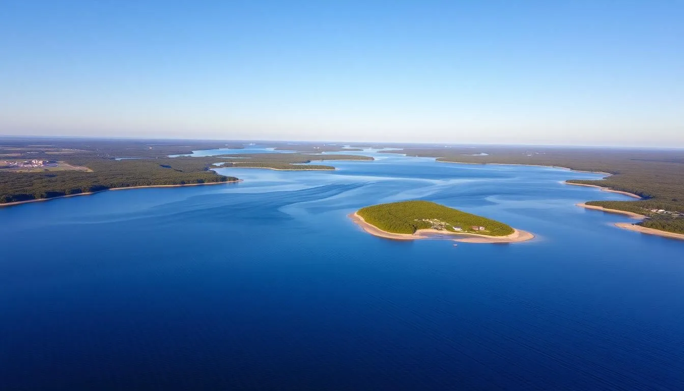 Aerial-view-of-Lake-Ilmen-Russia-showing-the-vast-water-body-surrounded-by-green-shores Aerial view of Lake Ilmen, Russia showing the vast water body surrounded by green shores