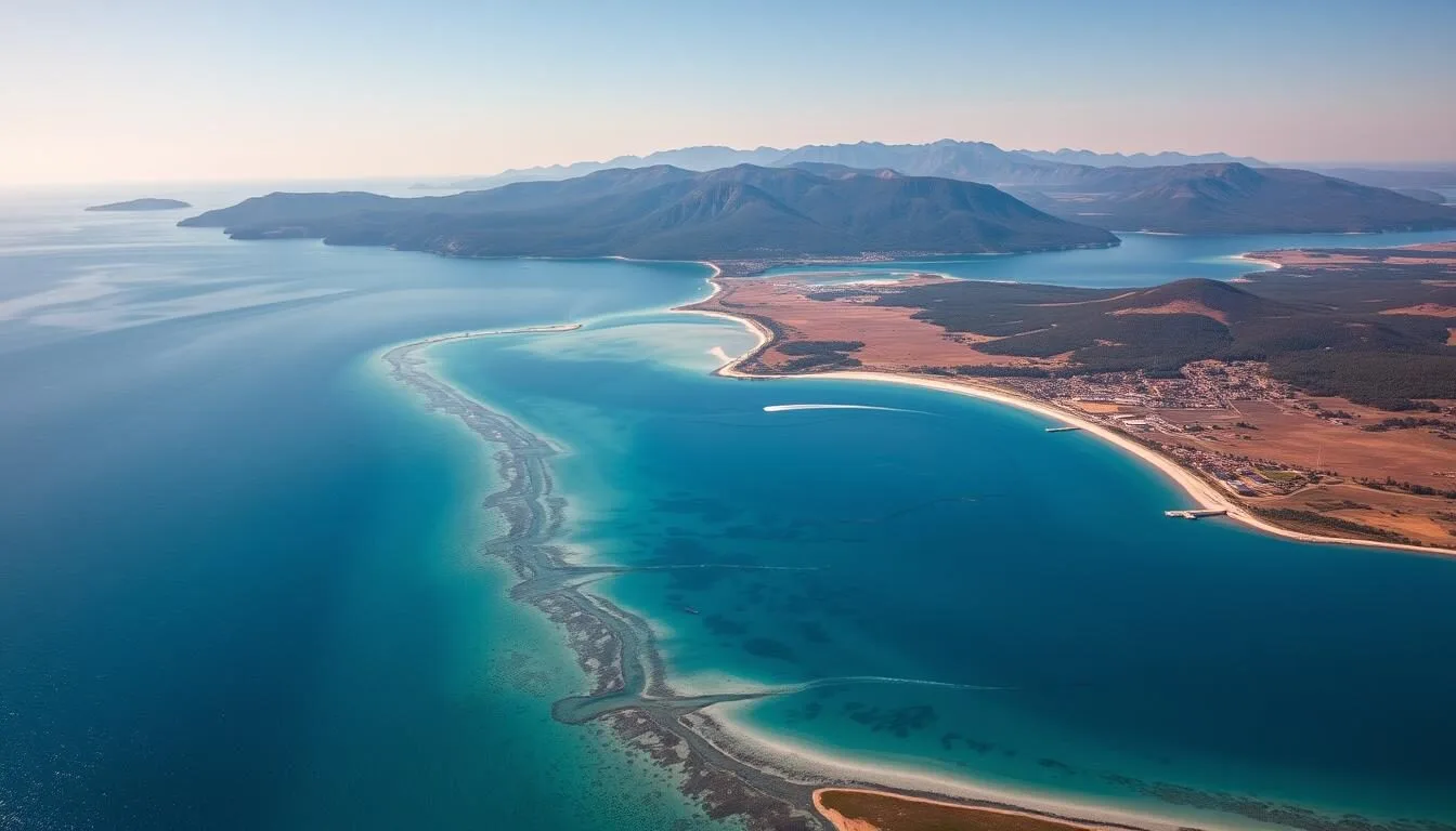 Aerial view of Lake Kacha and surrounding landscape with mountains in the background