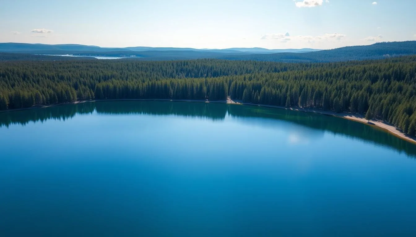 Aerial view of Lake Keltma and surrounding forests in Russia