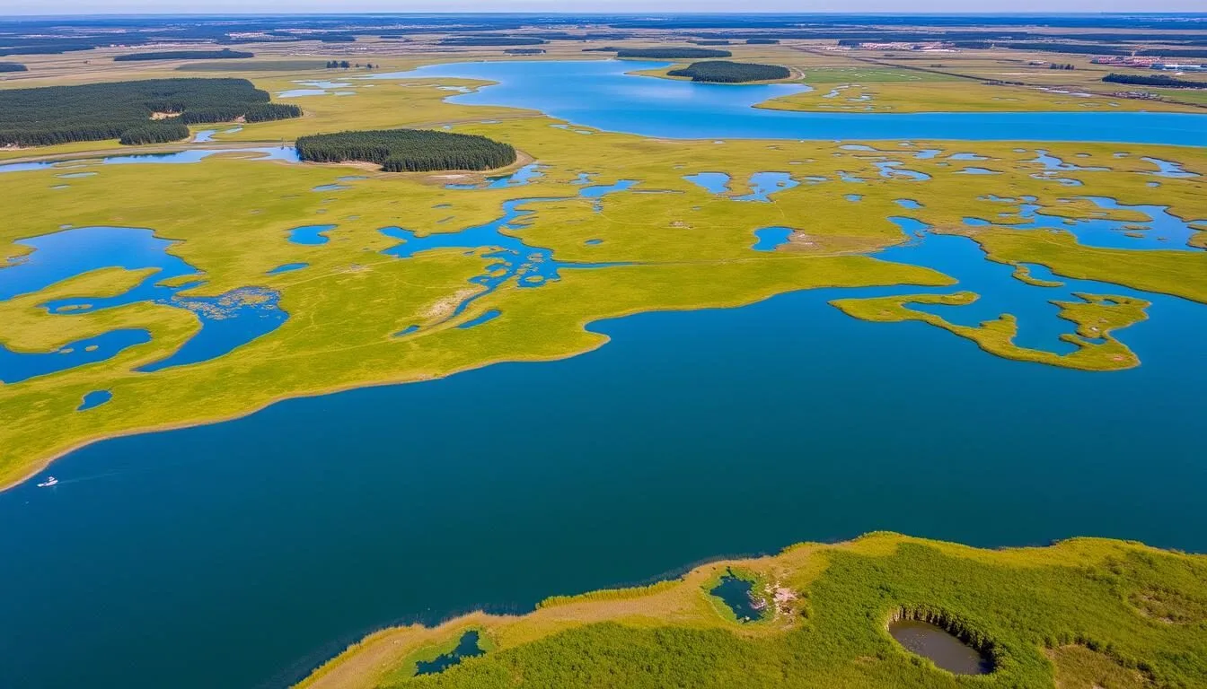 Aerial view of Lake Khanka showing its vast expanse of blue water surrounded by green wetlands on a clear sunny day