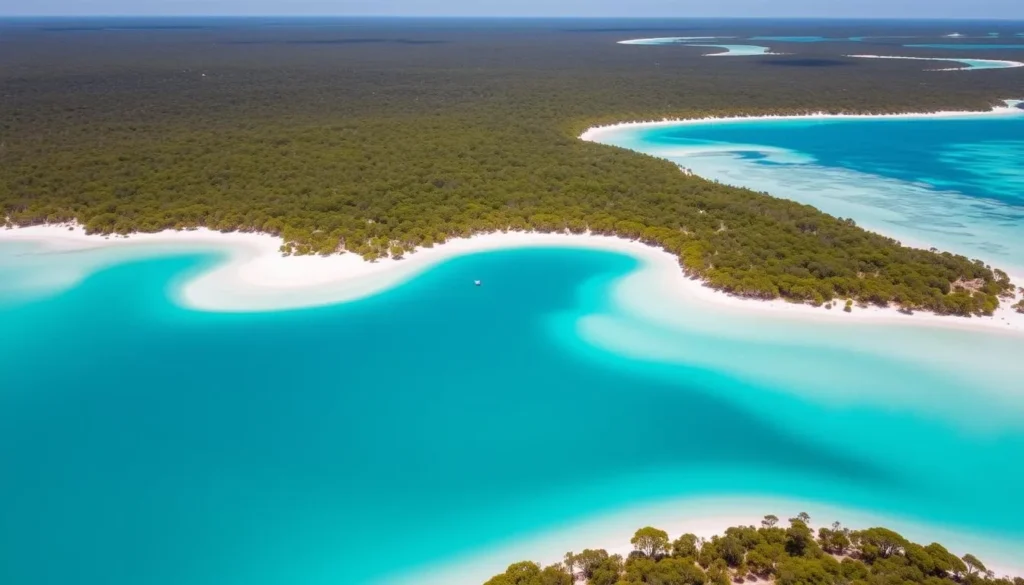 Aerial view of Lake McKenzie on Fraser Island with white sand and turquoise water Aerial view of Lake McKenzie on Fraser Island with white sand and turquoise water