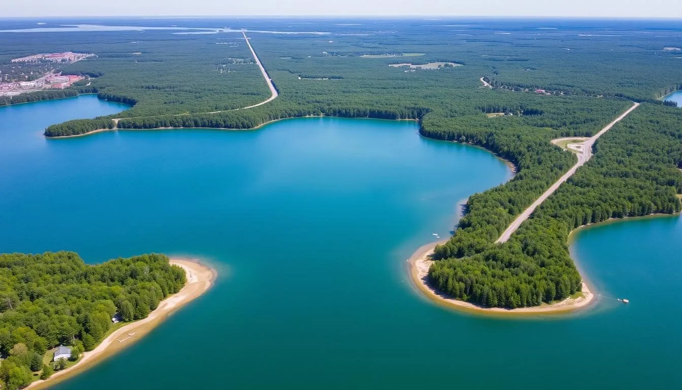 Aerial view of Lake Nipissing shoreline with roads leading to the lake on a clear summer day