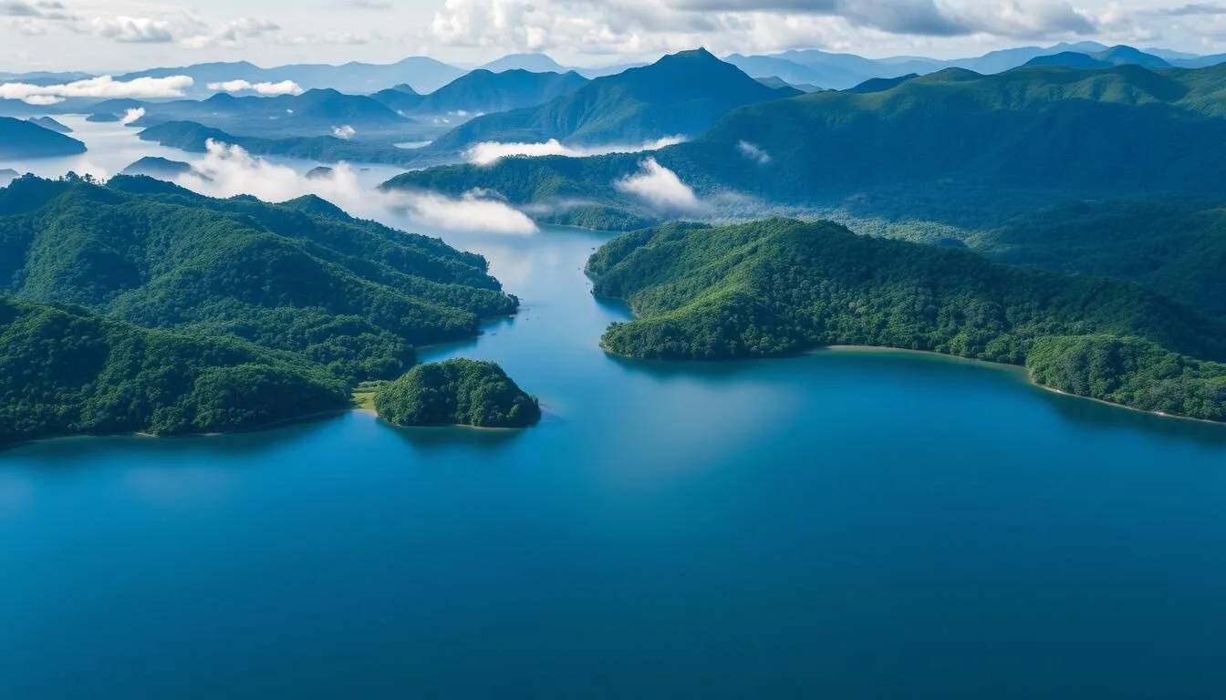 Aerial view of Lake Paniai in Papua, Indonesia showing the vast blue waters surrounded by lush green highlands