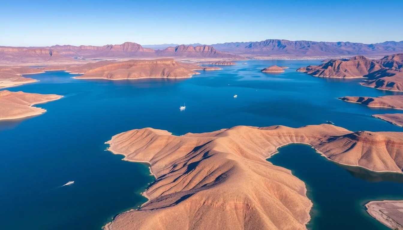 Aerial view of Lake Pleasant Arizona with boats on the water and surrounding desert landscape
