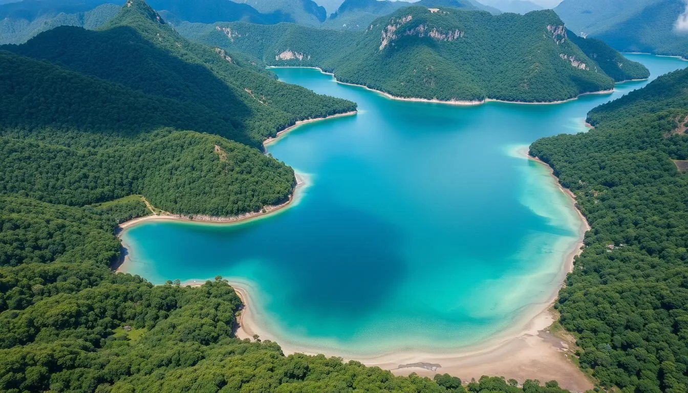 Aerial view of Lake Poso, Indonesia showing crystal clear turquoise waters surrounded by lush green mountains
