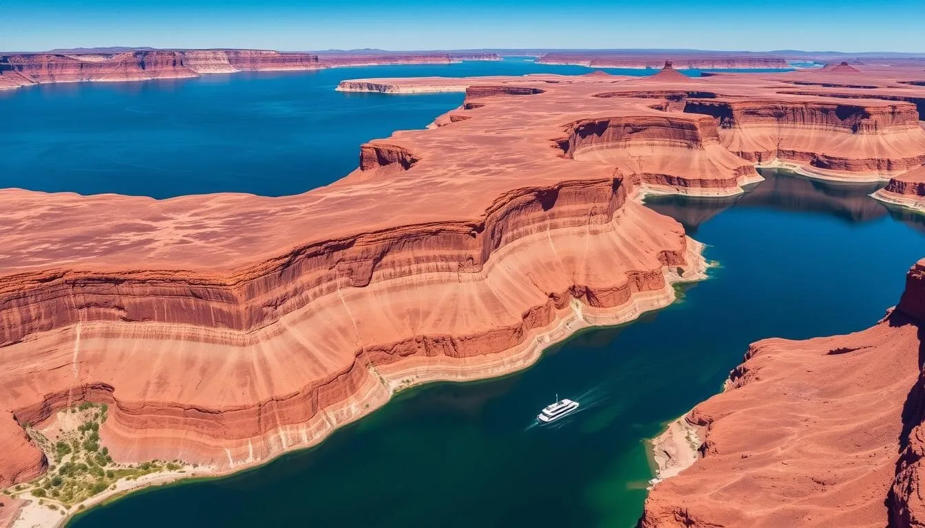 Aerial view of Lake Powell in Glen Canyon National Recreation Area with red rock formations and blue water
