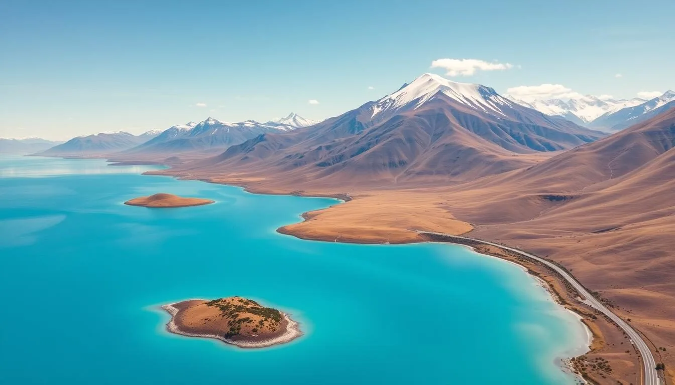 Aerial view of Lake Pukaki's turquoise waters with the road leading to Mount Cook and surrounding mountains