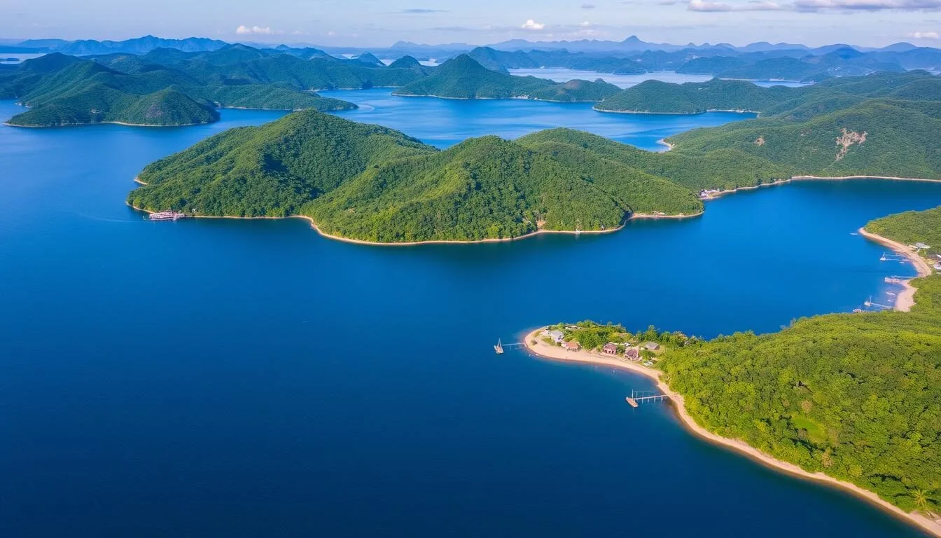 Aerial view of Lake Sentani with mountains in the background and traditional houses on stilts along the shoreline