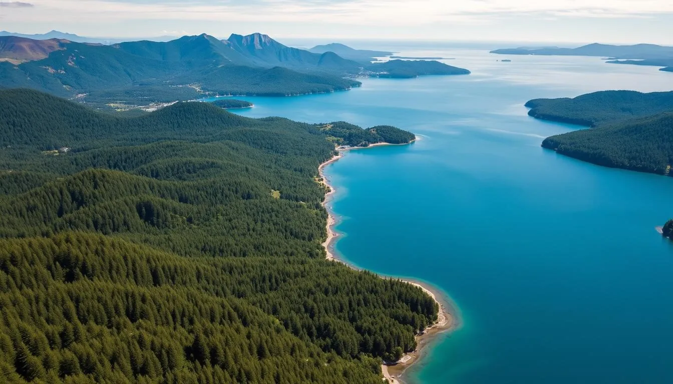 Aerial view of Lake Taupo showing the vast blue waters surrounded by mountains and forests on a clear sunny day