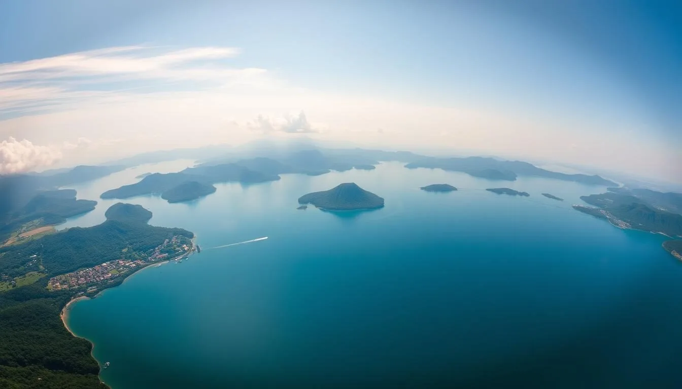 Aerial view of Lake Toba, Indonesia showing the massive volcanic lake with Samosir Island in the center surrounded by mountains