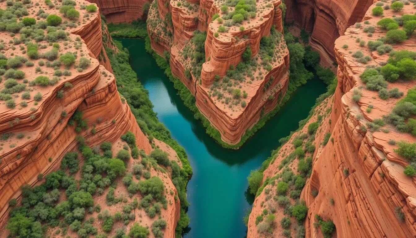 Aerial view of Lawn Hill Gorge showing emerald green waters winding through red sandstone cliffs in Boodjamulla National Park, Queensland