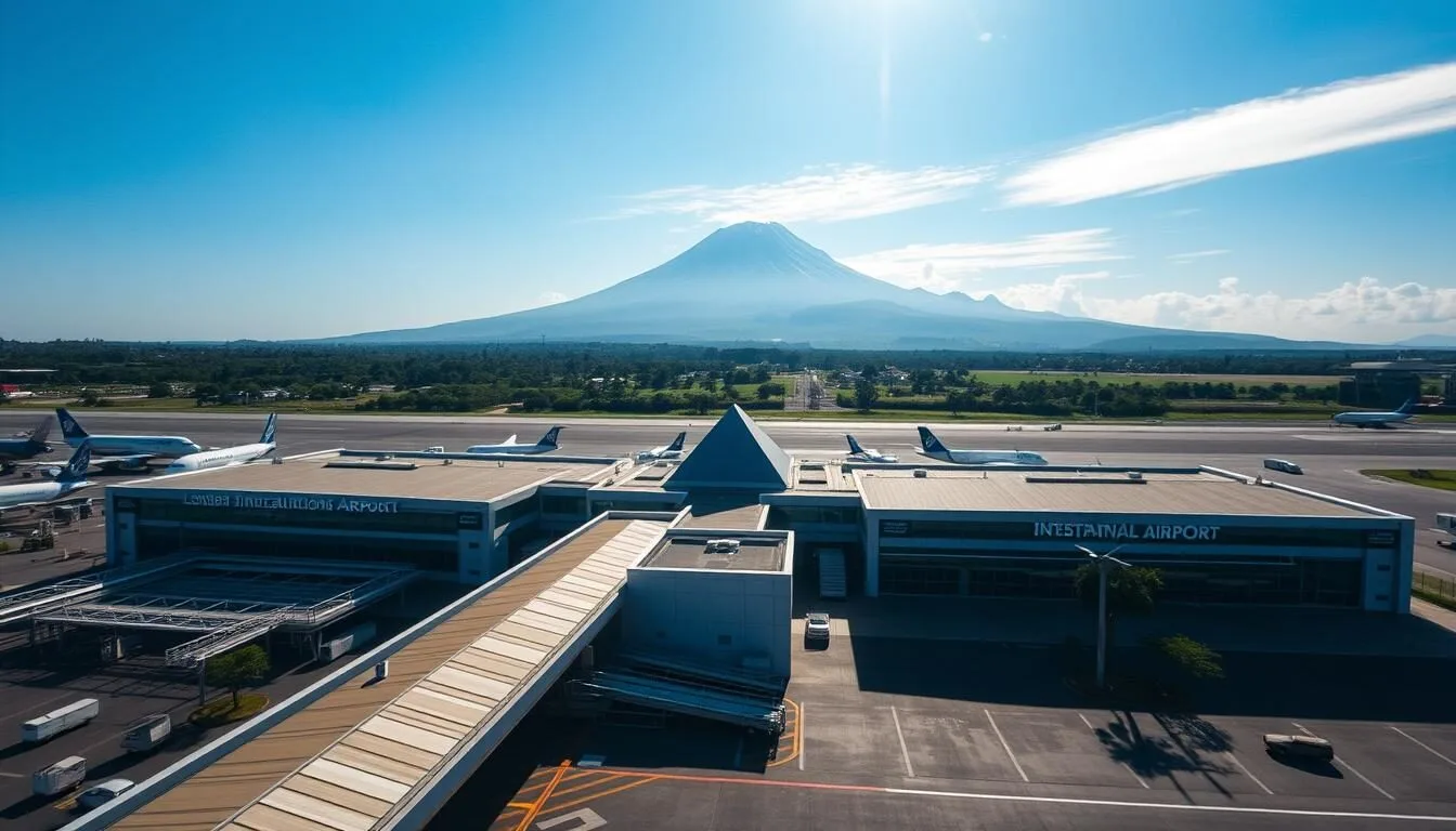 Aerial view of Lombok International Airport with mountains in the background