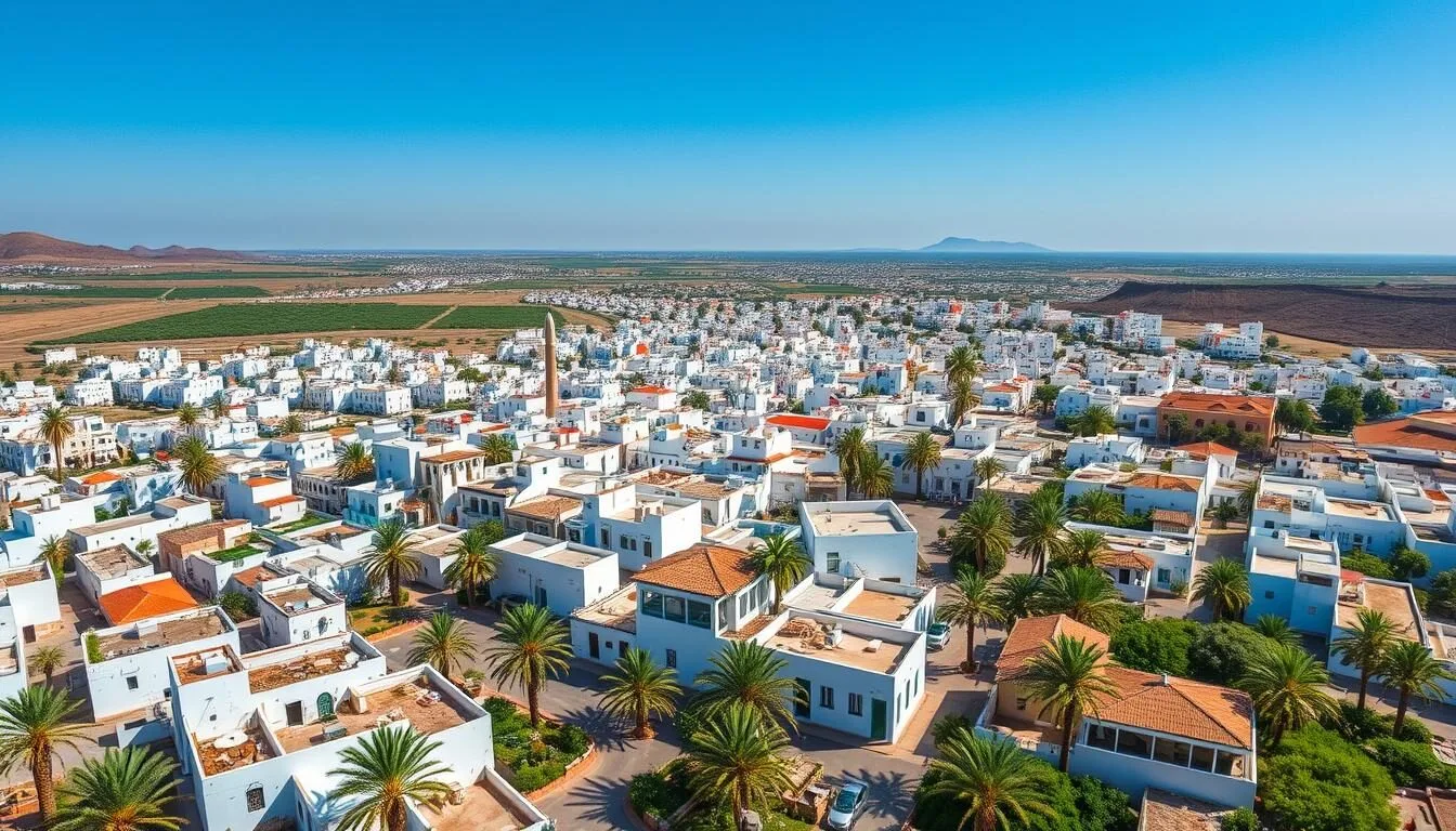 Aerial view of Lqliaa, Morocco showing the city layout with white buildings and surrounding landscape