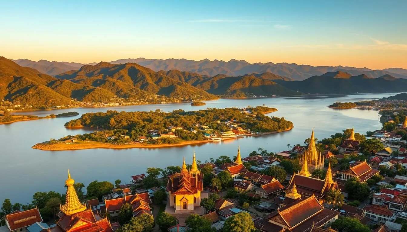 Aerial view of Luang Prabang city nestled between the Mekong and Nam Khan rivers with the Luang Prabang Range mountains in the background