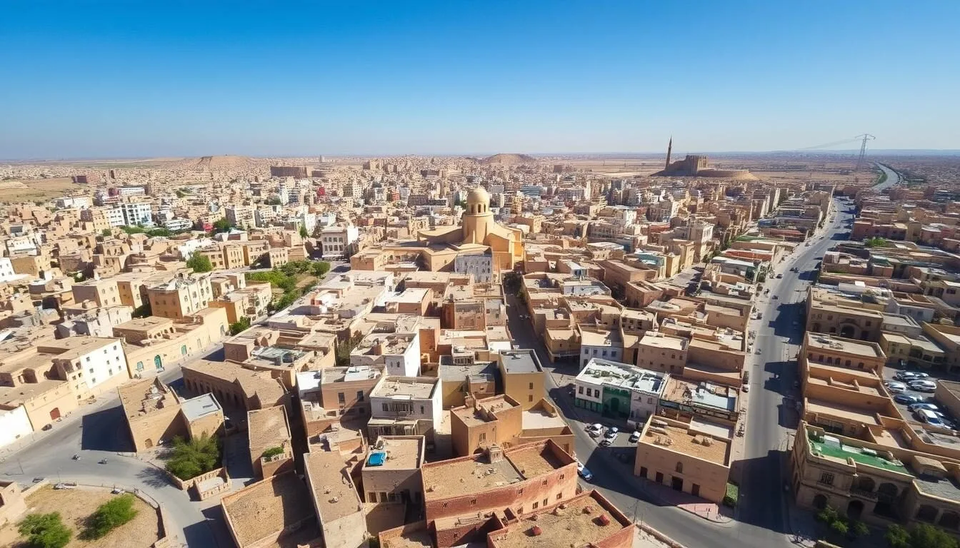 Aerial-view-of-Madaba-city-with-St.-Georges-Church-visible-among-the-buildings-on-a-clear-day Aerial view of Madaba city with St. George's Church visible among the buildings on a clear day