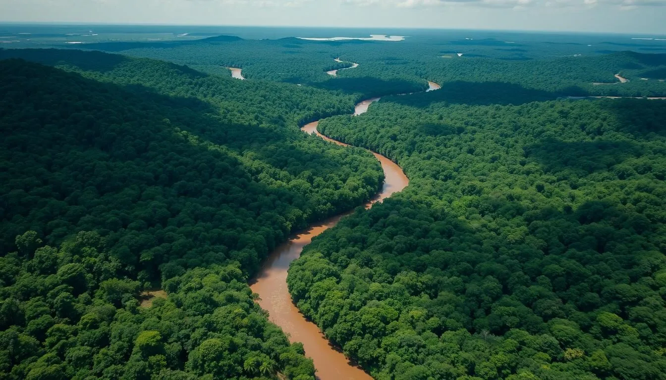 Aerial view of Madidi National Park showing the Amazon rainforest and winding rivers