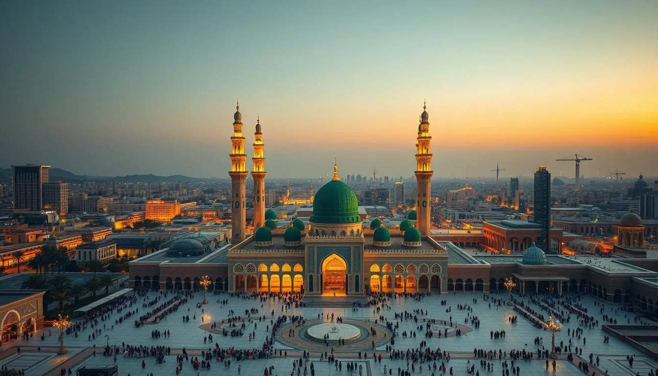 Aerial view of Madinah city with the Prophet's Mosque illuminated at dusk, showing the beautiful architecture and surrounding cityscape