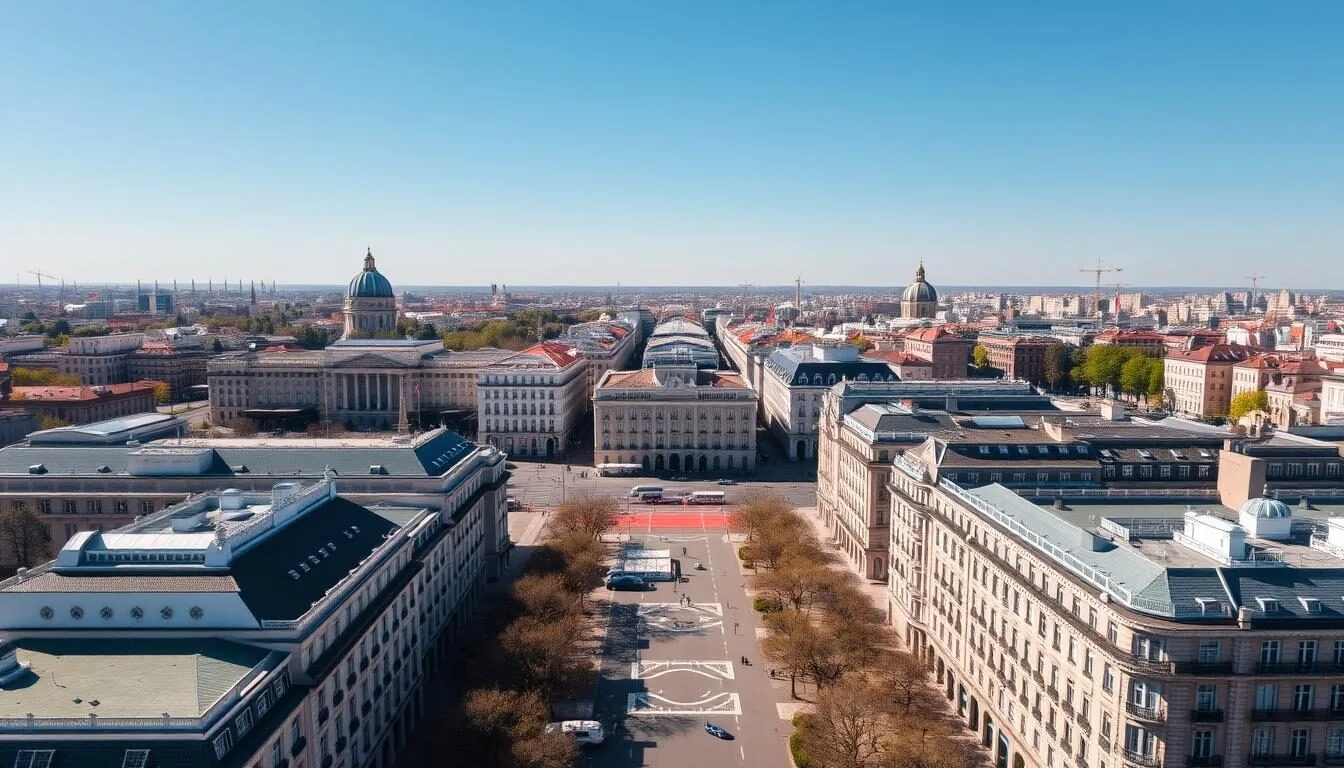 Aerial view of Madrid's cityscape with Gran Via and historic buildings on a clear spring day