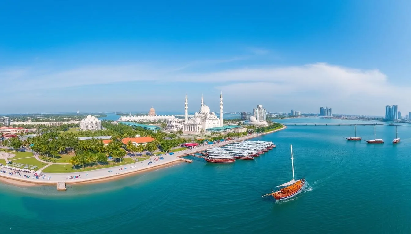 Aerial view of Makassar waterfront with Losari Beach and the iconic 99 Dome Mosque