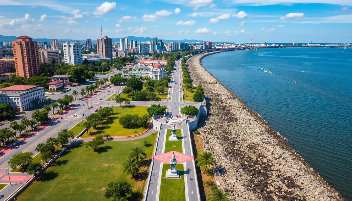 Aerial view of Malecón 2000 along the Guayas River in Guayaquil, Ecuador showing the colorful riverfront promenade with gardens, monuments and the city skyline