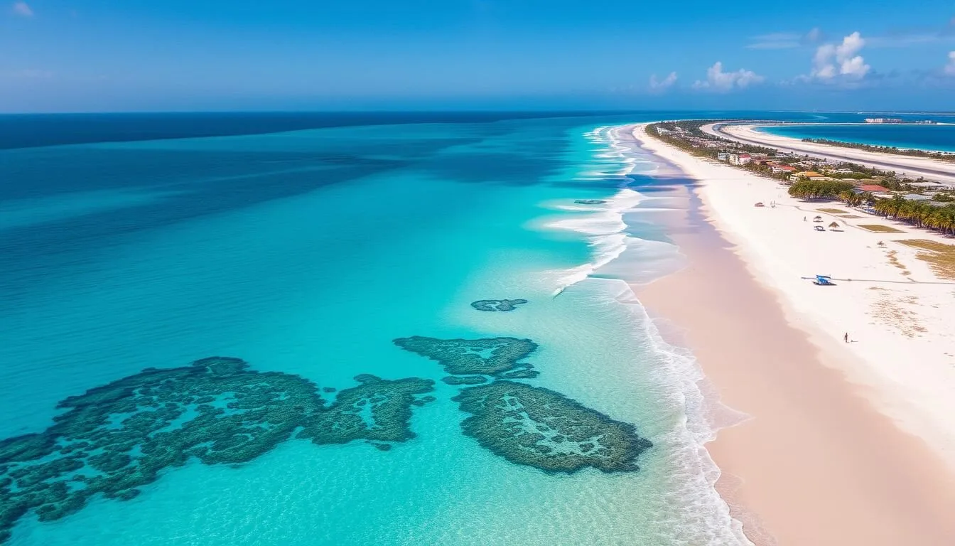 Aerial view of Malmok Beach in Aruba showing crystal clear turquoise waters and white sandy shores