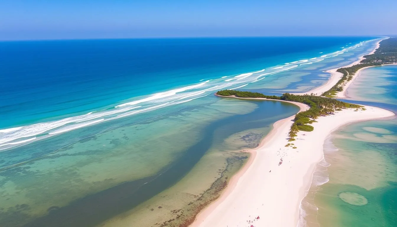 Aerial view of Maracaipe Beach in Brazil showing the meeting point of river and ocean