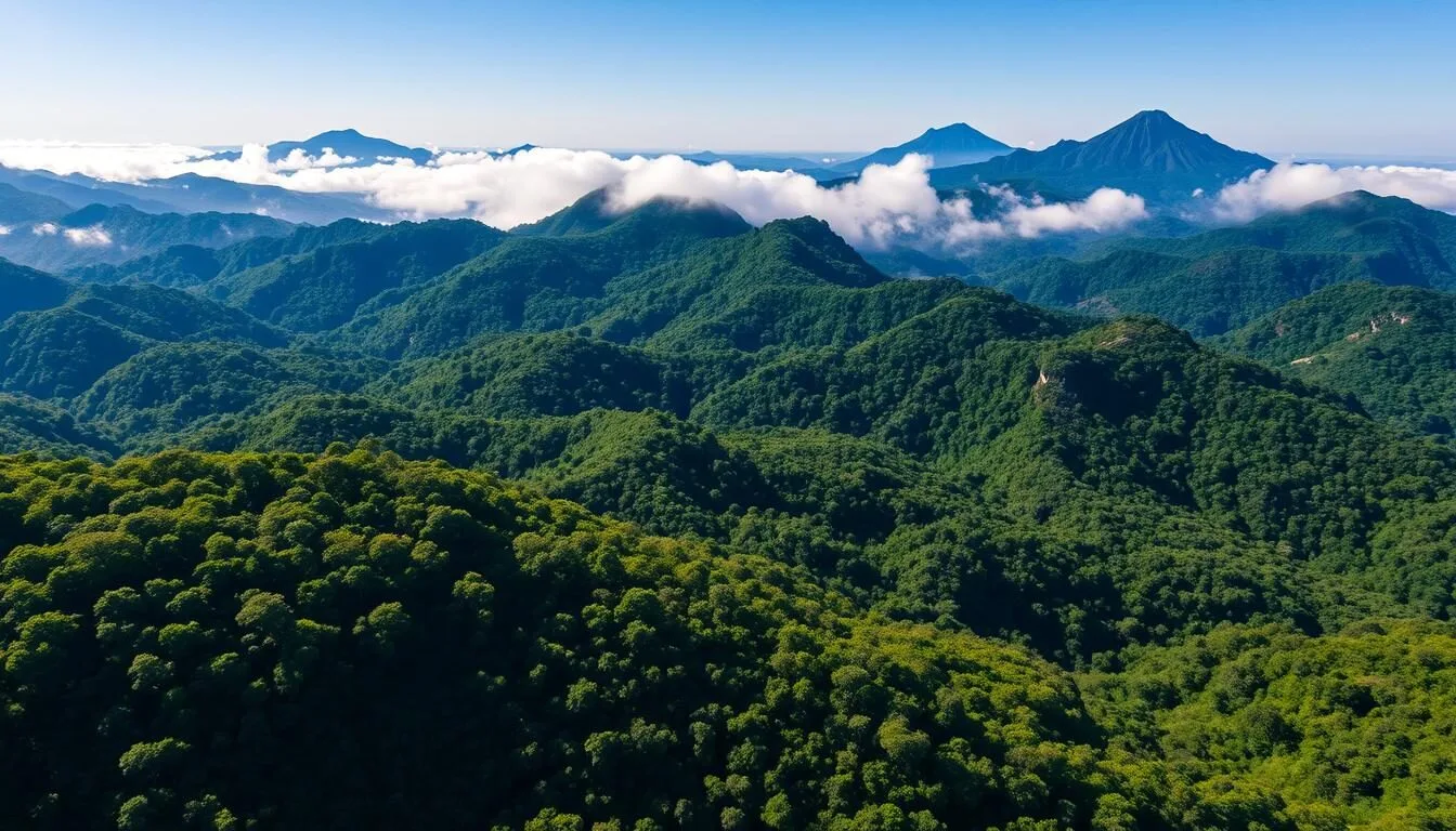 Aerial-view-of-Marojejy-National-Parks-lush-rainforest-canopy-with-mountains-in-the-background Aerial view of Marojejy National Park's lush rainforest canopy with mountains in the background