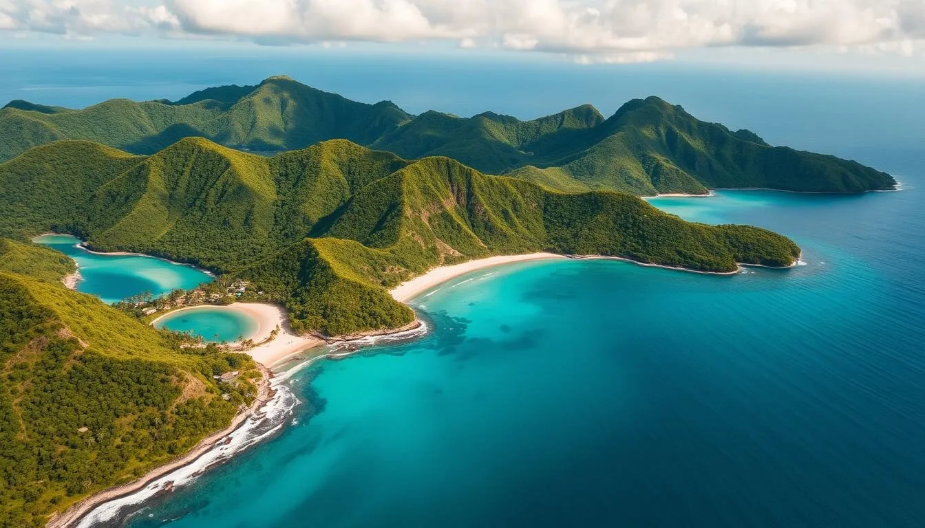 Aerial view of Martinique's coastline showing beaches, mountains and lush vegetation - perfect introduction to Martinique things to do