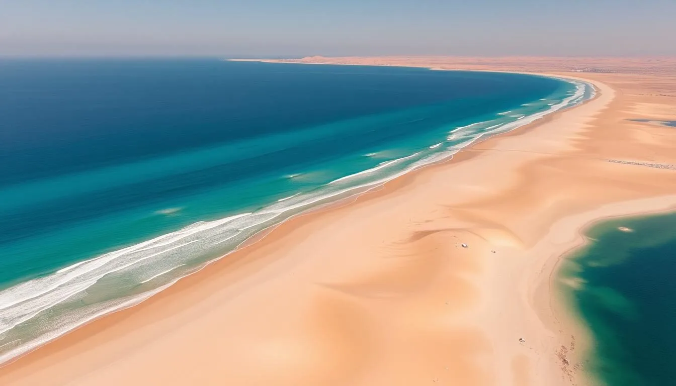 Aerial view of Masirah Island's coastline with turquoise waters and golden beaches