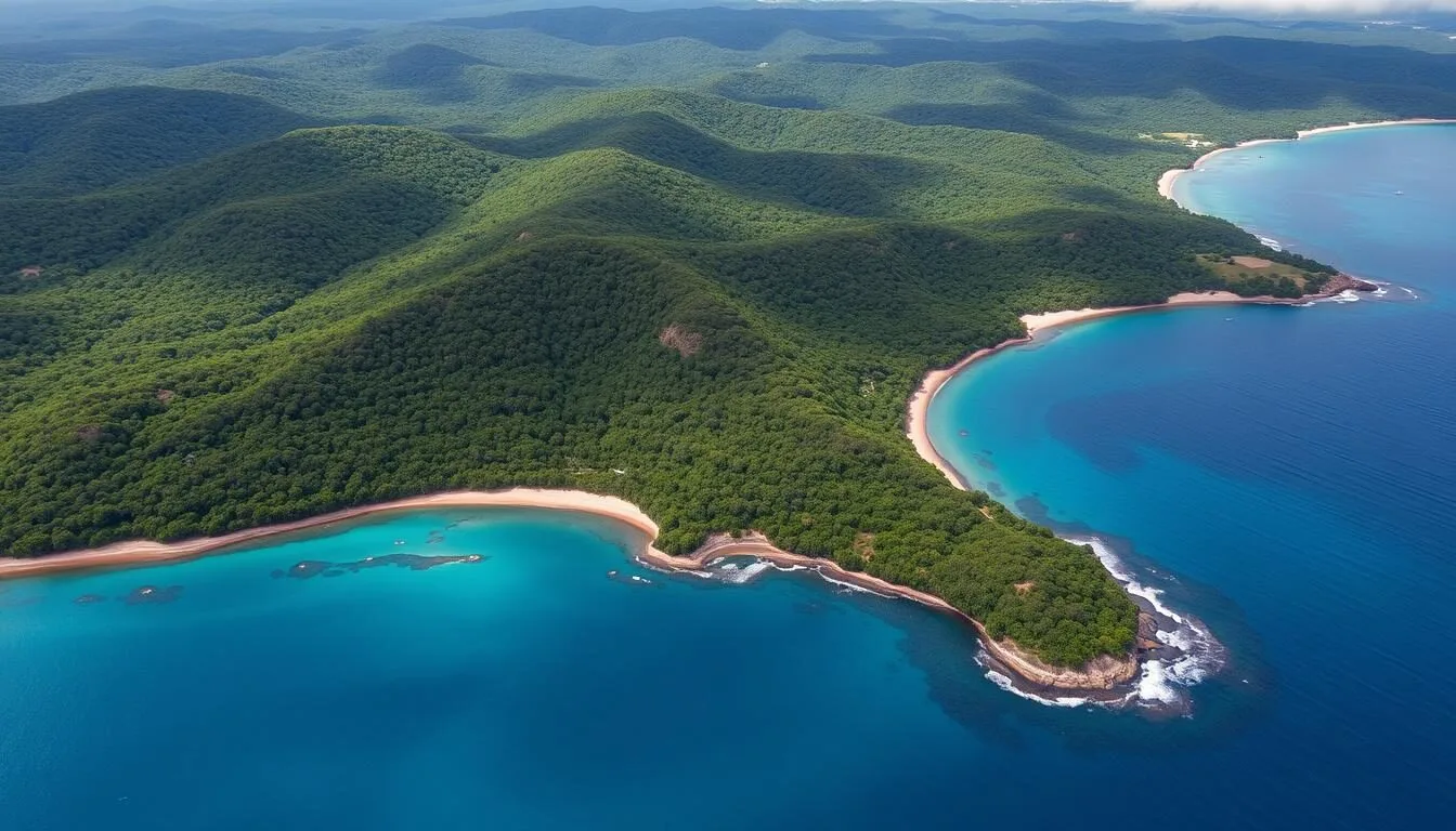 Aerial-view-of-Masoala-National-Parks-rainforest-meeting-the-blue-waters-of-Antongil-Bay Aerial view of Masoala National Park's rainforest meeting the blue waters of Antongil Bay, Madagascar