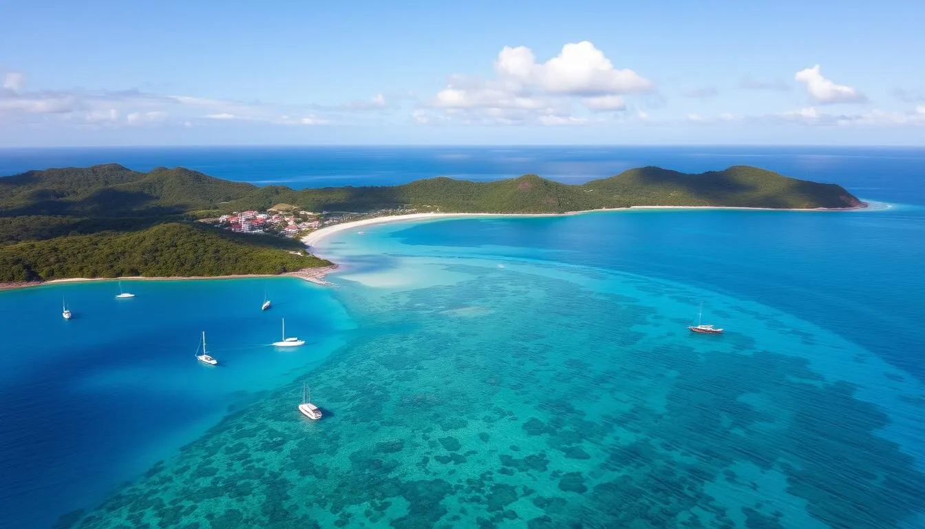 Aerial view of Mata Utu bay and lagoon in Wallis and Futuna with turquoise waters and lush green islands