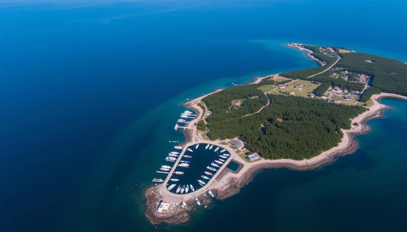 Aerial view of Matinicus Island with its harbor filled with lobster boats and surrounded by the blue waters of Penobscot Bay