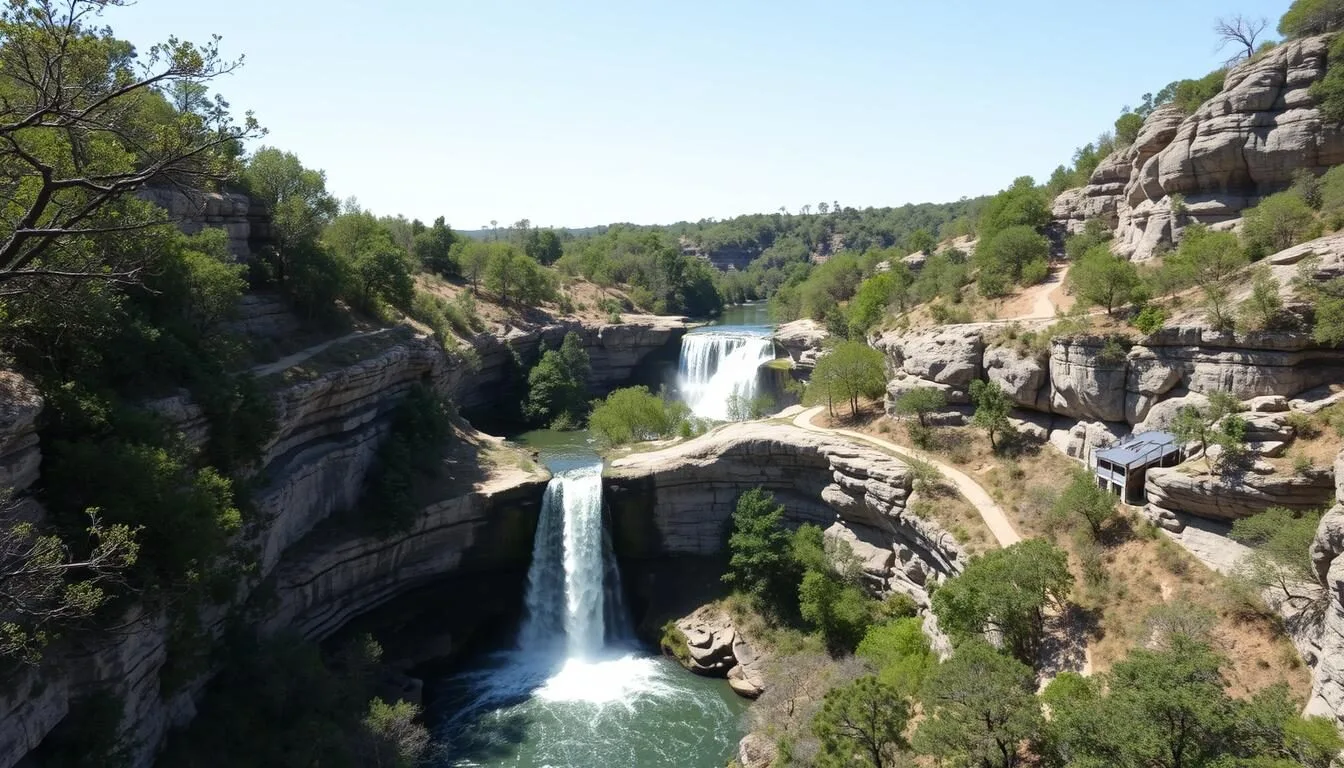Aerial-view-of-McKinney-Falls-State-Park-showing-the-Upper-Falls-cascading-over-limestone Aerial view of McKinney Falls State Park showing the Upper Falls cascading over limestone ledges with surrounding greenery