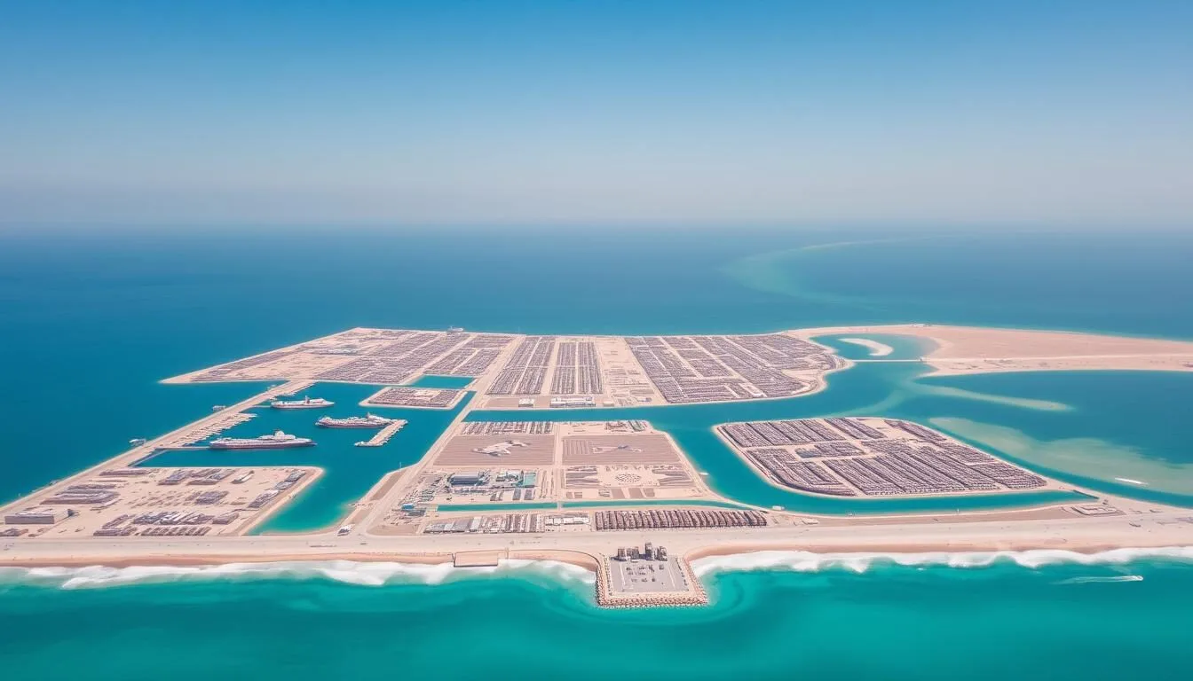 Aerial view of Mesaieed Qatar showing the beautiful coastline and industrial area