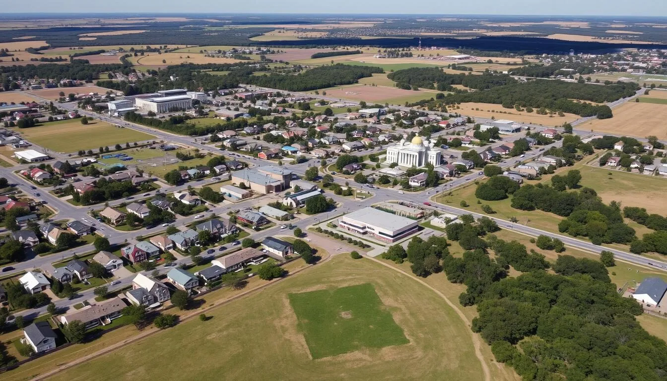 Aerial view of Midlothian, Texas showing the city layout with green spaces and neighborhoods on a sunny day
