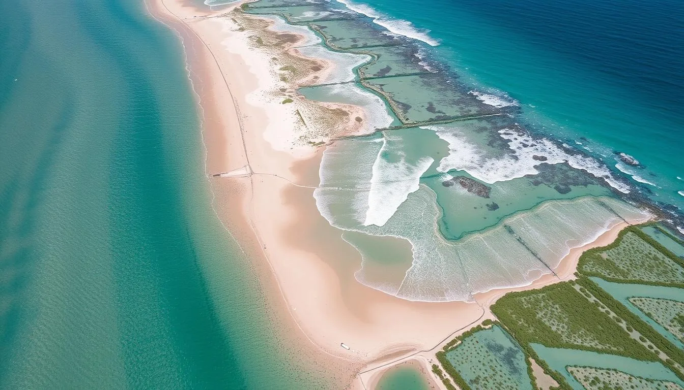 Aerial view of Mogadishu coastline with blue waters and white sand beaches, Somalia best things to do