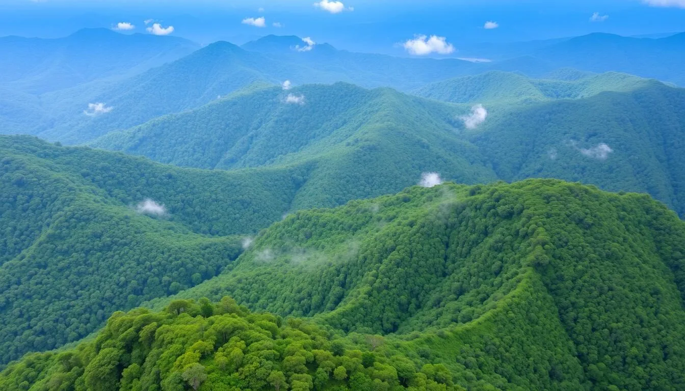 Aerial view of Montana de Botaderos Carlos Escaleras Mejia National Park showing lush green mountains and valleys