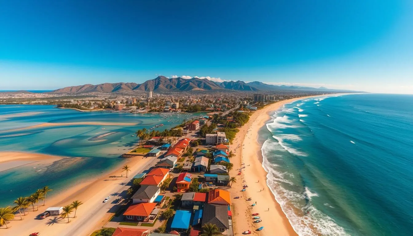 Aerial view of Montanita beach with surfers catching waves and colorful buildings along the shore