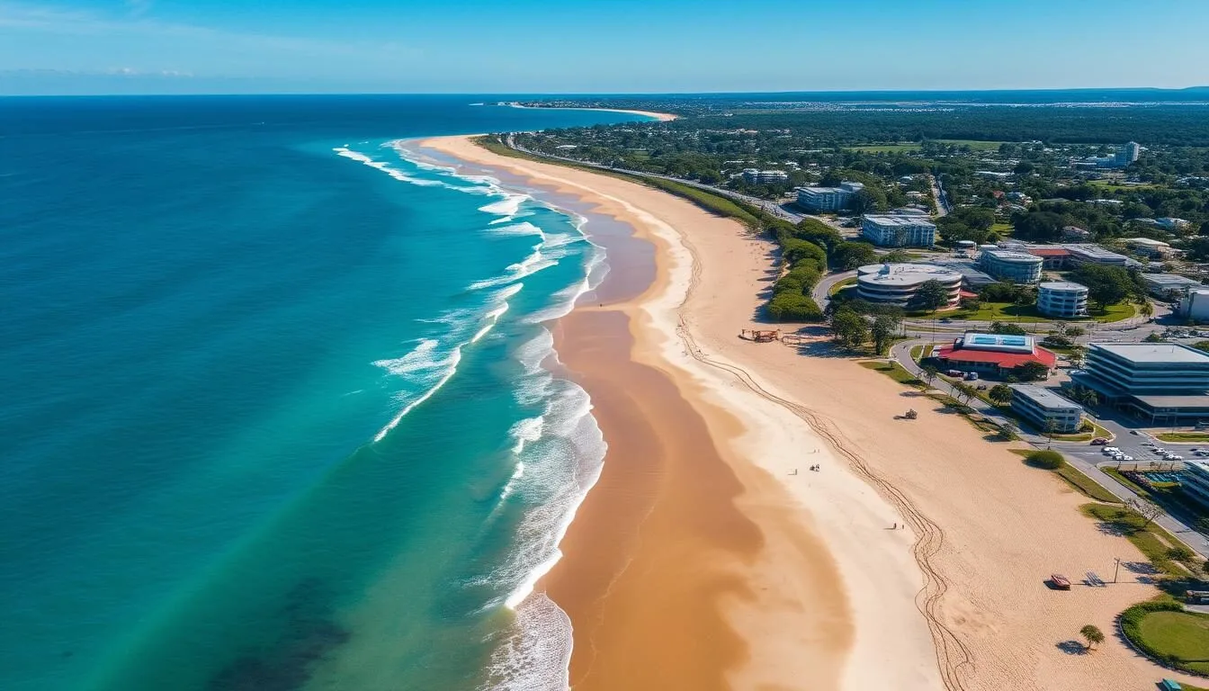 Aerial view of Mooloolaba Beach and Esplanade on a sunny day showing the north-facing beach and clear blue waters