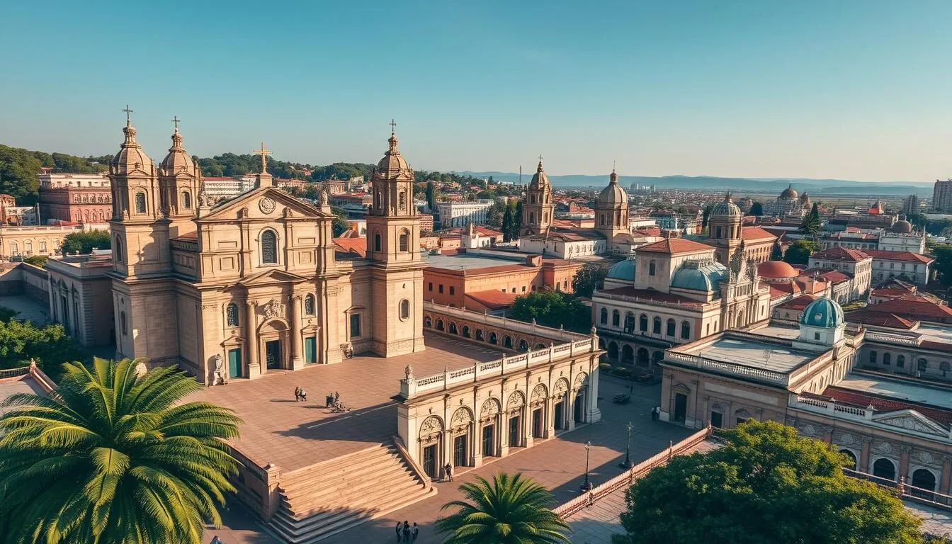 Aerial view of Morelia's pink stone cathedral and historic center in Michoacan, Mexico